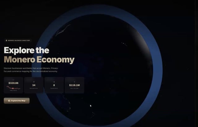 The image displays a dark-themed promotional graphic for "Explore the Monero Economy," featuring a globe encircled by a blue ring, with statistics including "$320.68" (XMR Price), "34" Businesses, "8" Categories, and "$119.1M" 30-Day Volume, alongside a "Monero Business Directory" label and an "Explore the Map" button—serving as a visual teaser for the relaunch of XMRMap.org, a directory for businesses accepting the privacy-focused cryptocurrency Monero.