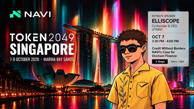 A promotional graphic for 'TOKEN2049 SINGAPORE' happening 7-8 October 2026 at Marina Bay Sands, featuring an animated character and listing a keynote by 'ELLISCOPE' (Co-founder & CEO of NAVI) on 'Credit Without Borders'.