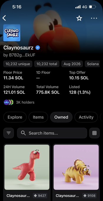 A mobile app screenshot of a 'Claynosaurz' NFT collection by B7B2g...EkUF showing 10,232 unique items on Solana, with a floor price of 11.34 SOL, 24H volume of 121.01 SOL, and 3K holders.