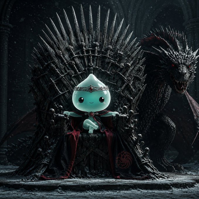 Digital artwork depicting a cute teardrop-shaped character wearing a crown sitting on a throne made of swords, reminiscent of the Iron Throne, with a black dragon standing behind it in a dark castle setting.