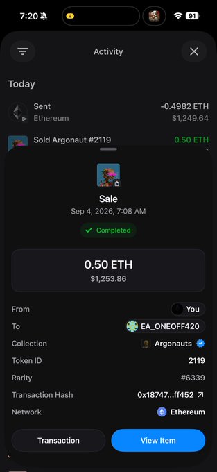 A crypto wallet activity screen shows a completed NFT sale of "Sold Argonaut #2119" from the Argonauts collection on Ethereum, netting 0.50 ETH ($1,253.86) to EA_ONE0FF420 on Sep 4, 2026. The image illustrates a successful "buy low, sell high" trade, with an earlier transaction showing ETH being sent worth $1,249.64.