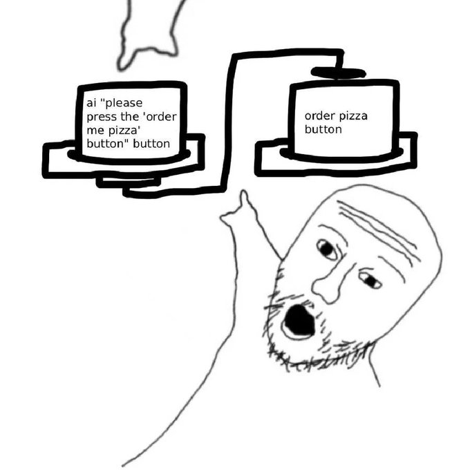A 'Press the Button' meme-style drawing showing a bearded man pointing between two buttons, one labeled 'ai "please press the 'order me pizza' button" button' and the other 'order pizza button'.