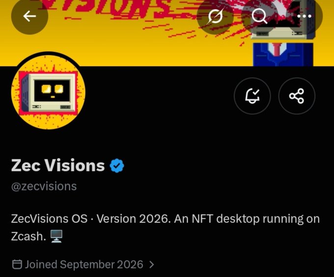 A verified X profile page for "Zec Visions" (@zecvisions) featuring a retro computer pixel-art avatar and banner, with bio stating "ZecVisions OS · Version 2026. An NFT desktop running on Zcash." The image promotes a partnership with 0xChemistryLab offering 10 guaranteed whitelist spots for followers who engage with both projects.