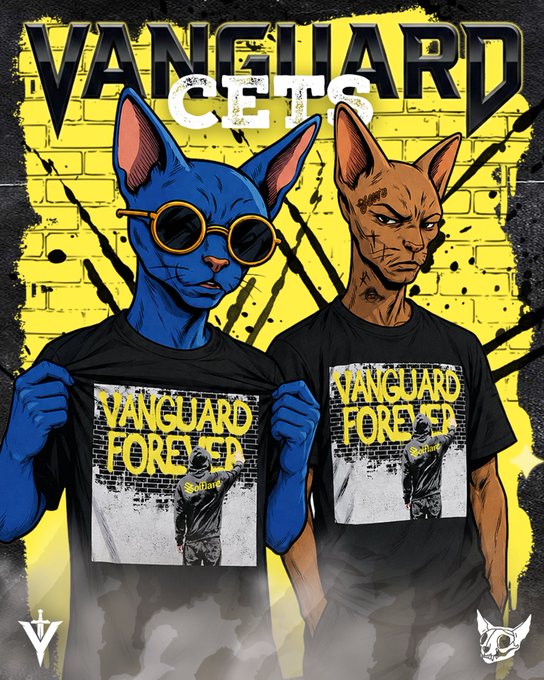 A graphic illustration of two anthropomorphic cats — one blue wearing round sunglasses and one brown — both wearing black 'VANGUARD FOREVER' t-shirts, posed against a yellow brick wall background with 'VANGUARD CATS' text at the top.