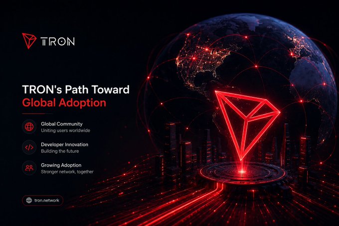 A banner for 'TRON' cryptocurrency titled 'TRON's Path Toward Global Adoption,' featuring a glowing red TRON logo and a digital globe with network lines, listing key points like 'Global Community' and 'Developer Innovation'.