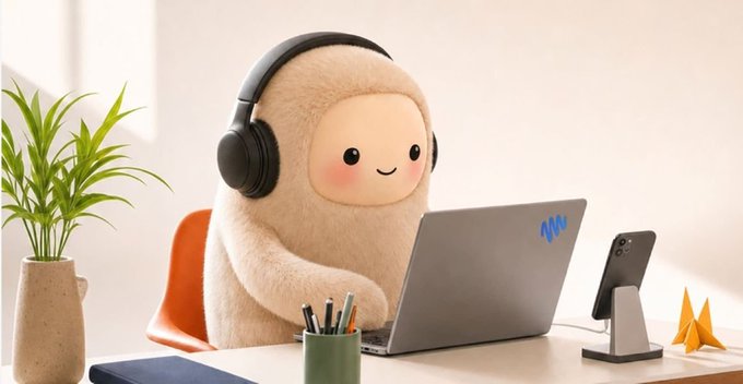 An AI-generated plush character wearing black headphones sits at a desk working on a gray laptop, accompanied by a potted plant, a phone on a stand, and a small cup of pens.