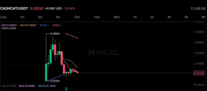 A MEXC candlestick chart shows the CASHCAT/USDT token has crashed 12.24% to $0.06292 after peaking near $0.2484, illustrating the sharp dumping mentioned in the post about holders possibly selling tokens to invest in the unofficial $cashcatss NFT collection instead.