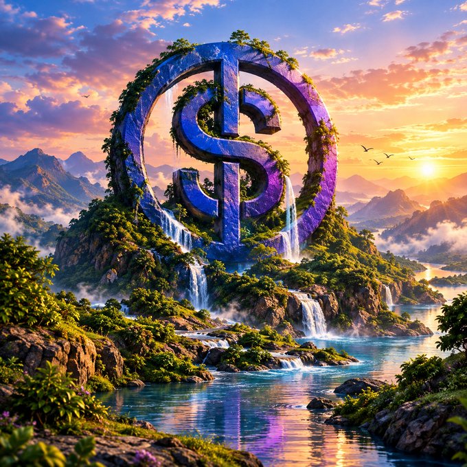 A vibrant fantasy landscape featuring a giant, moss-covered dollar sign monument on an island with waterfalls, set against a colorful sunset sky and surrounded by mountains.