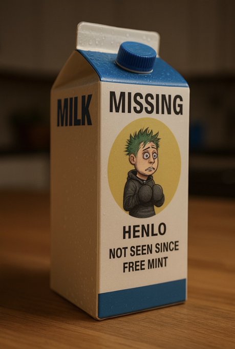 A milk carton labeled "MILK MISSING" features a cartoon illustration of a character named "HENLO" with the text "NOT SEEN SINCE FREE MINT," humorously referencing the character's disappearance tied to the Free Mint event and matching the playful "Hahaha bruh" reaction.