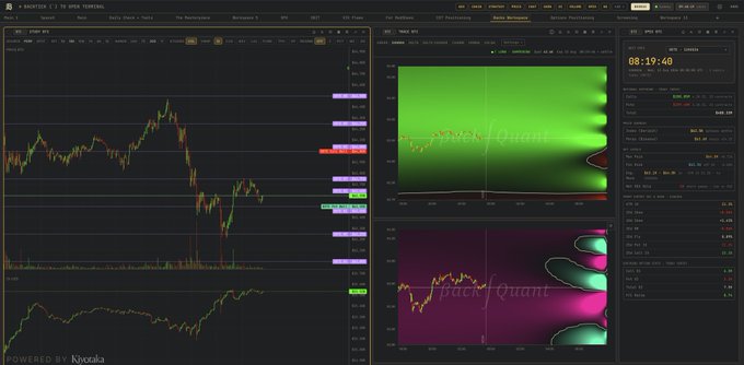 A dark-themed financial trading dashboard showing candlestick charts on the left, colorful heat map visualizations labeled 'pack quant' in the center, and a timer reading '08:19:40' on the right panel.