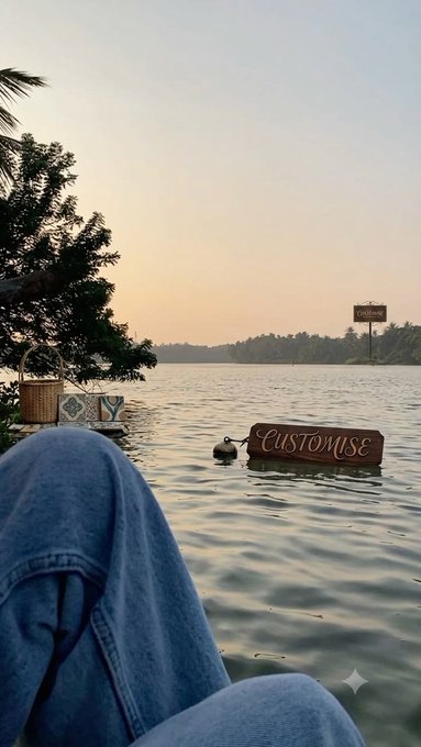 A person is sitting by the water, with the sun peeking over the horizon, as they gaze out at a piece of wood that says "customise".  The text on the accompanying post adds to the feelings of the photograph by encouraging and motivating someone that they can take their small steps and move them to create big things.