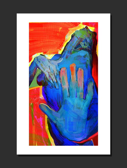 This image features the artwork "Heatwave" by @OriginalGoldCat, a vibrant, abstract depiction of a figure with bold brushstrokes. The print edition was acquired by @ChrizRoc.