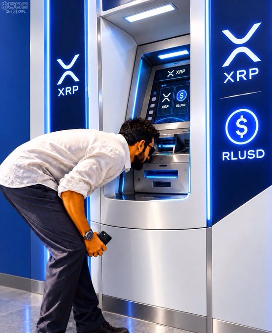 A man in a white shirt leaning closely toward an XRP/RLUSD branded ATM, appearing to inspect or speak into the machine.