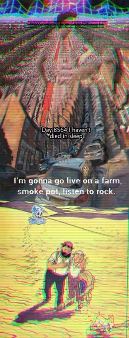 A glitchy, colorful digital collage shows a man in a patterned shirt with text reading "Day 8564 I haven't died in sleep" and "I'm gonna go live on a farm, smoke pot, listen to rock," followed by an illustration of a farmer with two animals below. The psychedelic visual style and farm-life humor directly illustrate the caption's joke about escaping to a simpler life of good music and "herbs for cooking," while promoting Project M.A.D. on OpenSea.