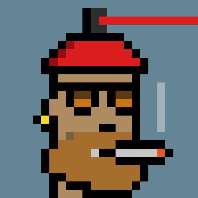 Pixel art illustration of a figure wearing a red bandana, smoking a cigarette, with a red laser beam shooting from their head against a blue background.