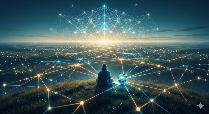 The image features a person sitting on top of a hill, with their laptop open in front of them. The background shows an abstract pattern of lines and dots, creating a sense of depth and complexity. The scene also includes a starburst effect at the bottom right corner, adding a touch of dynamism to the composition. The post seems to be promoting a new technology or idea related to networks and connectivity, possibly emphasizing the importance of information exchange in today's interconnected world.