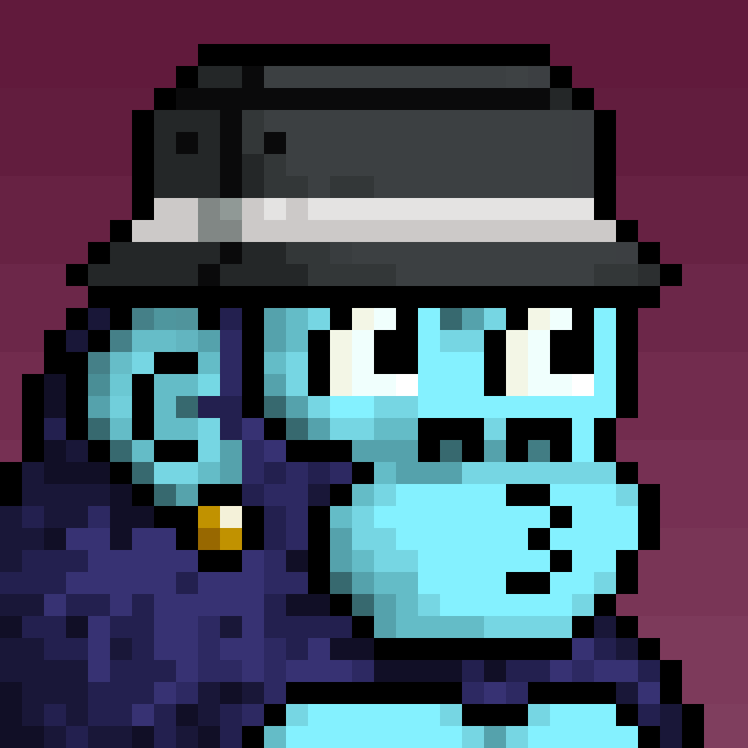 A pixel art illustration of a blue gorilla wearing a black fedora and dark coat, representing a CyberKongz NFT character. The image aligns with the post celebrating a new CyberKongz Evolution acquisition from @HenryTheGrape.