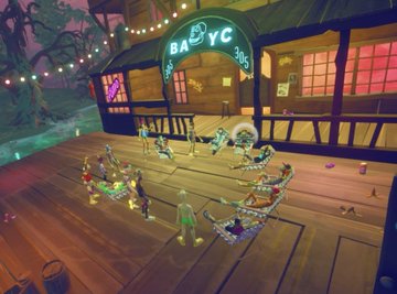 A video game scene depicting a wooden dance floor outside a building labeled 'BAYC', where skeletal and colorful zombie-like characters are dancing under string lights.