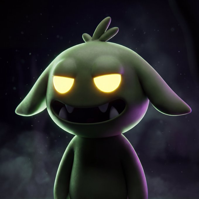 A glowing-eyed green creature with a mischievous grin and small fangs grins menacingly in a dark, smoky void. The eerie yet playful monster embodies the haunting, spectral energy fitting for a "next burn" theme, as if presiding over flames or spirits to come.