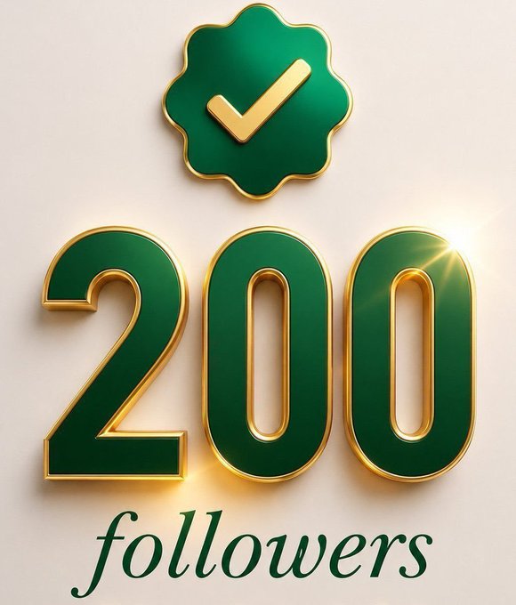 A graphic displays the number '200' in green and gold with a checkmark badge above it and the word 'followers' below.