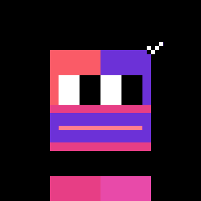 A pixel art style illustration of a character with a purple and pink blocky body, dark rectangular eyes, and a smiling mouth, wearing what appears to be a colored outfit.
