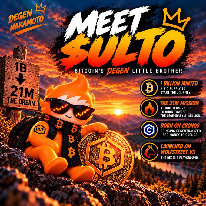 A promotional graphic for the cryptocurrency 'SULTO', marketed as 'Bitcoin's DEGEN Little Brother' with features including '1 Billion Minted', 'The 21M Mission', 'Born on Cronos', and 'Launched on Wolfstreet V3'.