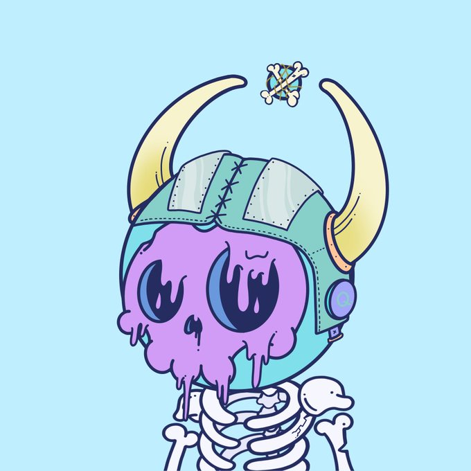 A cartoon illustration of a purple melting skull wearing a teal viking helmet with yellow horns, sitting atop a skeletal ribcage against a light blue background.