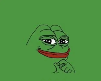 A simple cartoon of Pepe the Frog appears on a solid green background.