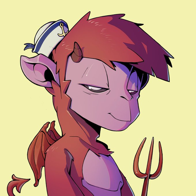 A digital drawing of a purple-skinned demon-like character with red hair, small horns, a sailor hat, and a trident, smirking against a pale yellow background.