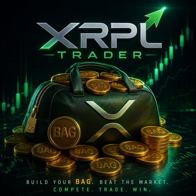 A stylized duffel bag overflowing with gold "BAG" coins sits before a green candlestick chart and an upward arrow, beneath the metallic "XRPL TRADER" logo and the tagline "BUILD YOUR BAG. BEAT THE MARKET. COMPETE. TRADE. WIN." — promoting the XRPL Trader simulator by $BAG Capital, which lets users build a portfolio and trade against live XRP market data without risking real funds.
