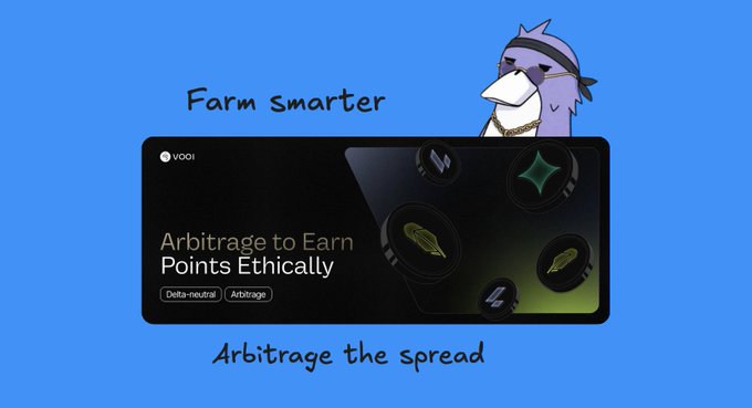 Blue graphic for 'Vooi' titled 'Arbitrage to Earn Points Ethically,' labeled with 'Farm Smarter' and 'Arbitrage the spread,' featuring a cartoon penguin mascot wearing a cap.