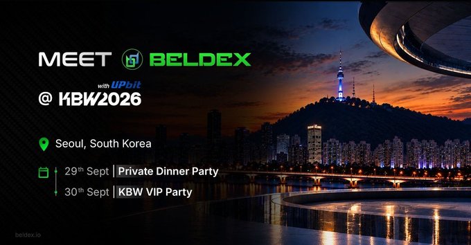 A promotional banner for 'Meet Beldex with UPbit @ KBW2026' in Seoul, South Korea, featuring events on September 29th (Private Dinner Party) and September 30th (KBW VIP Party) with a nighttime Seoul skyline and Namsan Tower in the background.