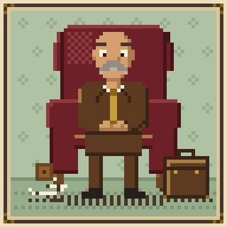 A pixel art image shows an elderly man with a white mustache and gray hair, wearing a brown suit and sitting in a large red armchair beside a brown briefcase, with a small animal peeking out from the bottom left. The post highlights the discovery of "themutualfun" NFT project by "Kingpickle" in partnership with "FunkariNft," and the distinguished older gentleman in the artwork likely represents the "King" persona behind the collection, reinforcing its authoritative, gentlemanly theme.