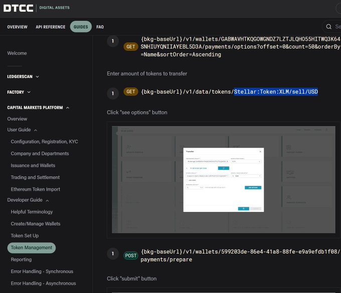 A screenshot of the DTCC Digital Assets API documentation, specifically the Guides section for the LedgerScan Capital Markets Platform, showing steps for token transfer.