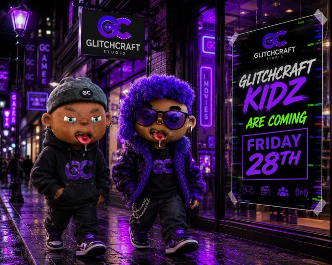 A promotional poster for 'GLITCHCRAFT STUDIO - KIDZ ARE COMING FRIDAY 28TH' featuring two stylized cartoon characters with beanie hats and sunglasses in a purple neon-lit street scene.