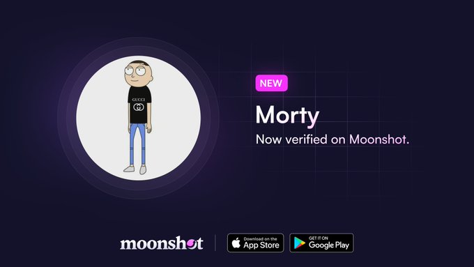 The promotional image for Moonshot features an illustration of Morty wearing a black Gucci shirt, displayed alongside the text "NEW Morty - Now verified on Moonshot," with App Store and Google Play download buttons at the bottom. The image directly supports the post's announcement of Gucci Morty ($Morty) being newly verified on the Moonshot platform.