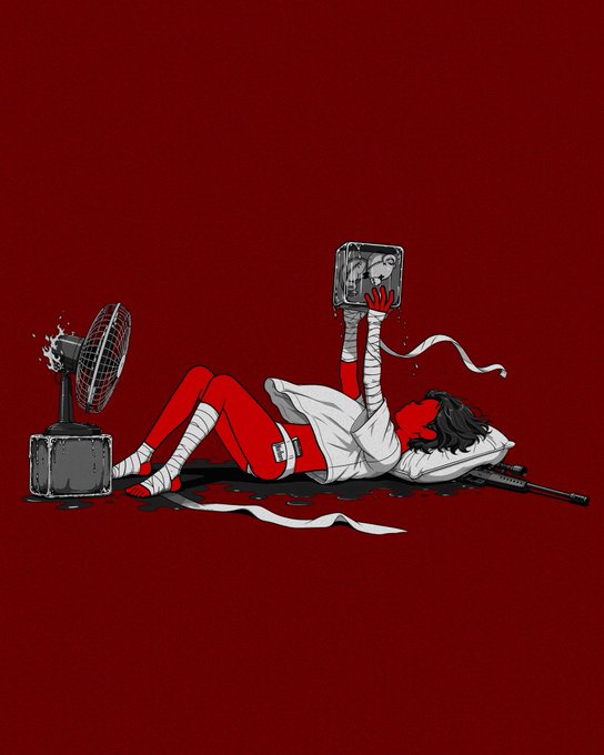 An illustration depicts a red-skinned character with long black hair lying on a dark red background, wrapped in white bandages and holding an ice cube, with a melting fan, a water dispenser, and a gun nearby.