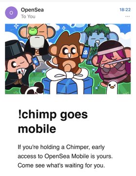 An OpenSea promotional card titled '!chimp goes mobile' featuring cartoon chimp characters in various costumes with text inviting Chimper holders to early mobile access.