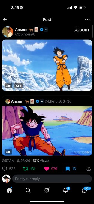 A screenshot of an X (Twitter) post by @blknoiz06 (Ansem) showing two GIFs of Goku from Dragon Ball Z standing and then sitting in a relaxed pose, with 57K views, 533 comments, and 131 reposts at 2:57 AM on 6/28/26. The post is being cited as evidence supporting a prediction that the meme coin $goku will reach a 60 million market cap, drawing a parallel to when Ansem's account previously posted just before $ansem surged to 150 million.