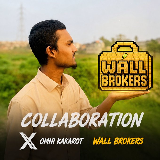 Promotional graphic announcing a 'COLLABORATION X' between 'OMNI KAKAROT' and 'WALL BROKERS', featuring a man holding up a pixel-art briefcase logo.