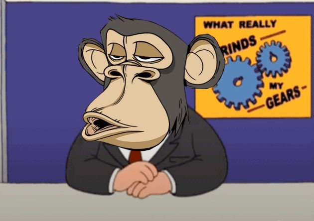 A weary-looking cartoon monkey in a suit sits at a desk with a poster behind him reading "WHAT REALLY GRINDS MY GEARS." The image visually represents the post's sentiment, illustrating the frustration with the NFT market's pattern of crashing every time a new project launches.