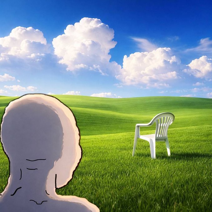 A silhouetted figure with closed eyes appears in a vast green field under a bright blue sky, gazing at a lone white plastic chair in the distance. The scene evokes a sense of anticipation and solitude, reflecting the hopeful yet uncertain nature of awaiting "The Great Investment" tied to the $LAND token.
