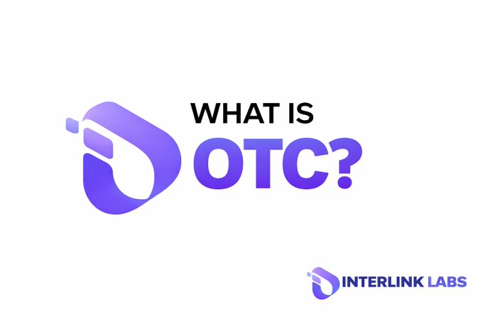 The image is a poster featuring an abstract purple logo with white text asking "What is OTC?". Below this, there are two descriptions related to online trading platforms, one of which is Interlink Labs that states "OTC is short for Order-to-Cash.". The other description refers to OTC as the direct trade between a buyer and a seller where a person can sell an item, like a toy or a piece of furniture, for $3 each without needing a middleman or going through any additional fees.