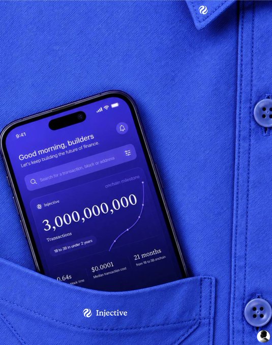 A smartphone in a blue shirt pocket displays an Injective blockchain app showing '3,000,000,000' transactions, 0.64s median transaction cost, and 21 months on chain.