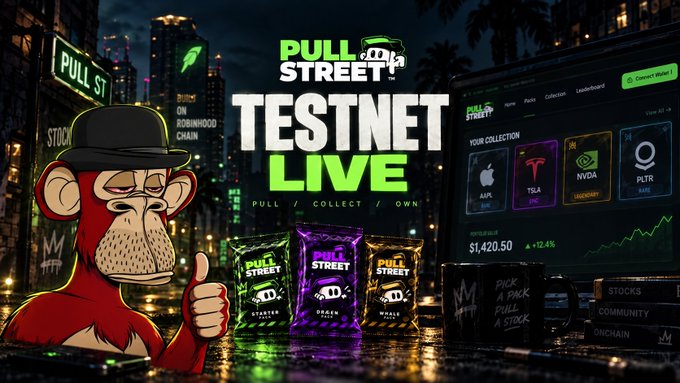 A cartoon monkey in a fedora gives a thumbs up beside colorful "Pull Street" mystery packs (Starter, Dream, Whale) and a dashboard displaying the testnet collection featuring AAPL, TSLA, NVDA, and PLTR stocks with a balance of $1,420.50 (+12.4%), promoting the launch of the pull-to-collect stock mystery pack testnet.