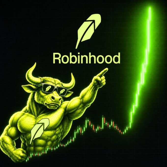 The image features a muscular green bull wearing sunglasses with the Robinhood logo on its chest, pointing upward toward a glowing green stock chart that shows a sharp upward spike, all beneath the "Robinhood" brand name and feather logo. The bullish imagery and aggressive upward chart trajectory humorously amplify the poster's request for a hot memecoin recommendation, suggesting that whatever ticker they choose should deliver similar explosive gains—even though putting only $50K into a volatile memecoin carries significant risk rather than guaranteed bull-market returns.