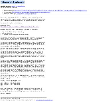 A Bitcoin v0.1 release document by Satoshi Nakamoto (satoshin@gmx.com) dated Thu, 17 Feb 2011 14:57 EST, announcing the first release of Bitcoin, with downloads available via SourceForge.
