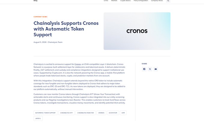 A blog post on a company website titled 'Chainalysis Supports Cronos with Automatic Token Support' dated August 5, 2026, announcing a partnership with the Cronos network.