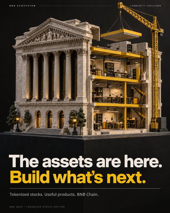 A promotional graphic for BNB Ecosystem featuring a 3D rendering of a classical building under construction with a yellow crane, with the text 'The assets are here. Build what's next. Tokenized stocks. Useful products. BNB Chain.'