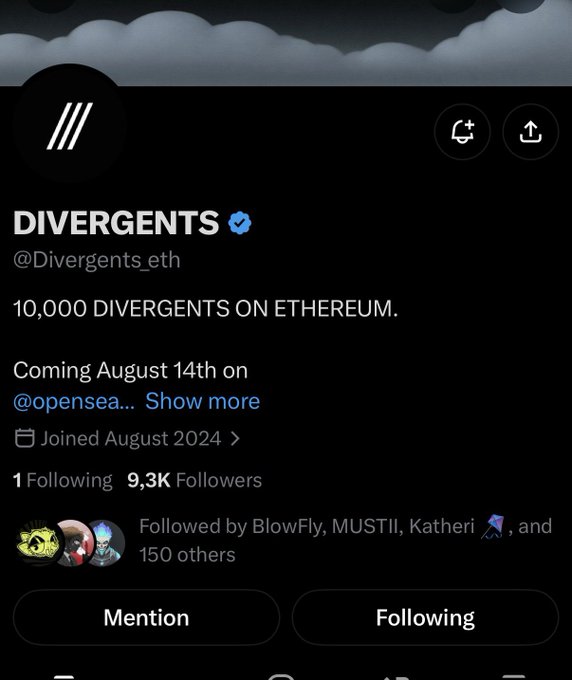 The image shows the X (Twitter) profile page for "DIVERGENTS" (@Divergents_eth), a verified account with 9,300 followers, advertising "10,000 DIVERGENTS ON ETHEREUM" launching on OpenSea August 14th. This aligns with the post promoting the project as a potential "next runner," highlighting the rapid follower growth (from 3K to 9.3K), 10K supply, free mint price, and the founder @7SURFER7SILVER7.
